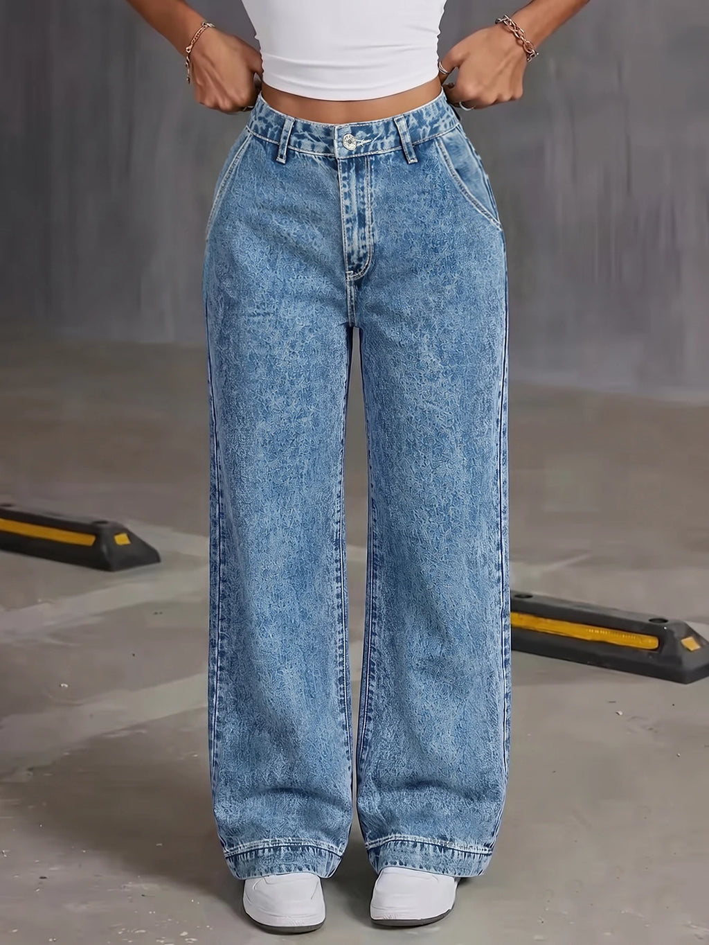 Jean Wide Leg Tiro Alto Bolsillos Corazón Vintage