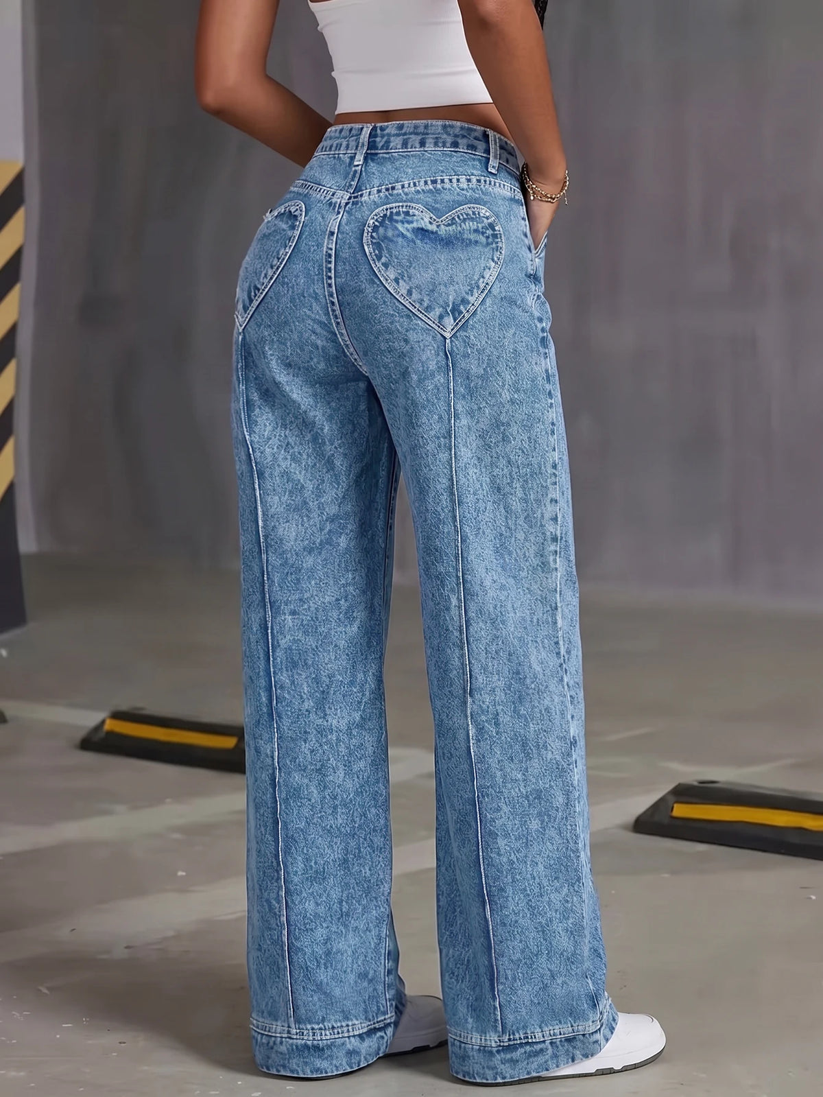 Jean Wide Leg Tiro Alto Bolsillos Corazón Vintage