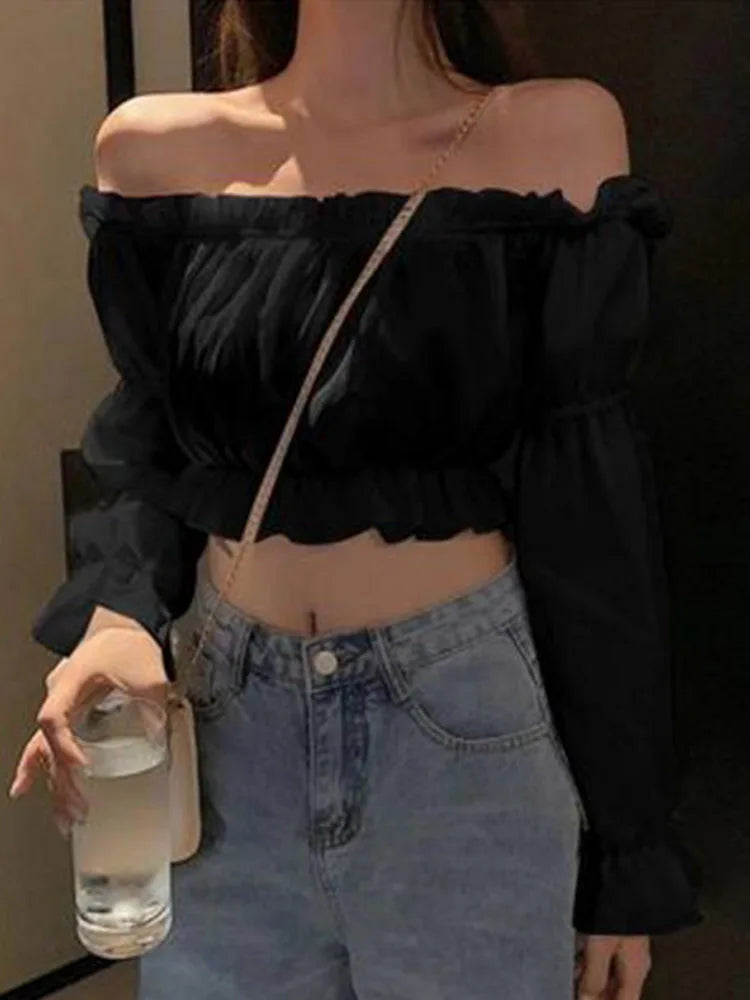 Blusa Hombros Descubiertos Manga Larga con Volados