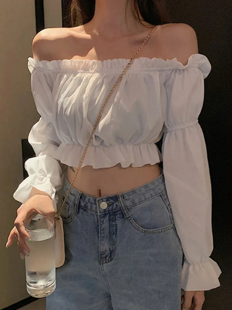 Blusa Hombros Descubiertos Manga Larga con Volados
