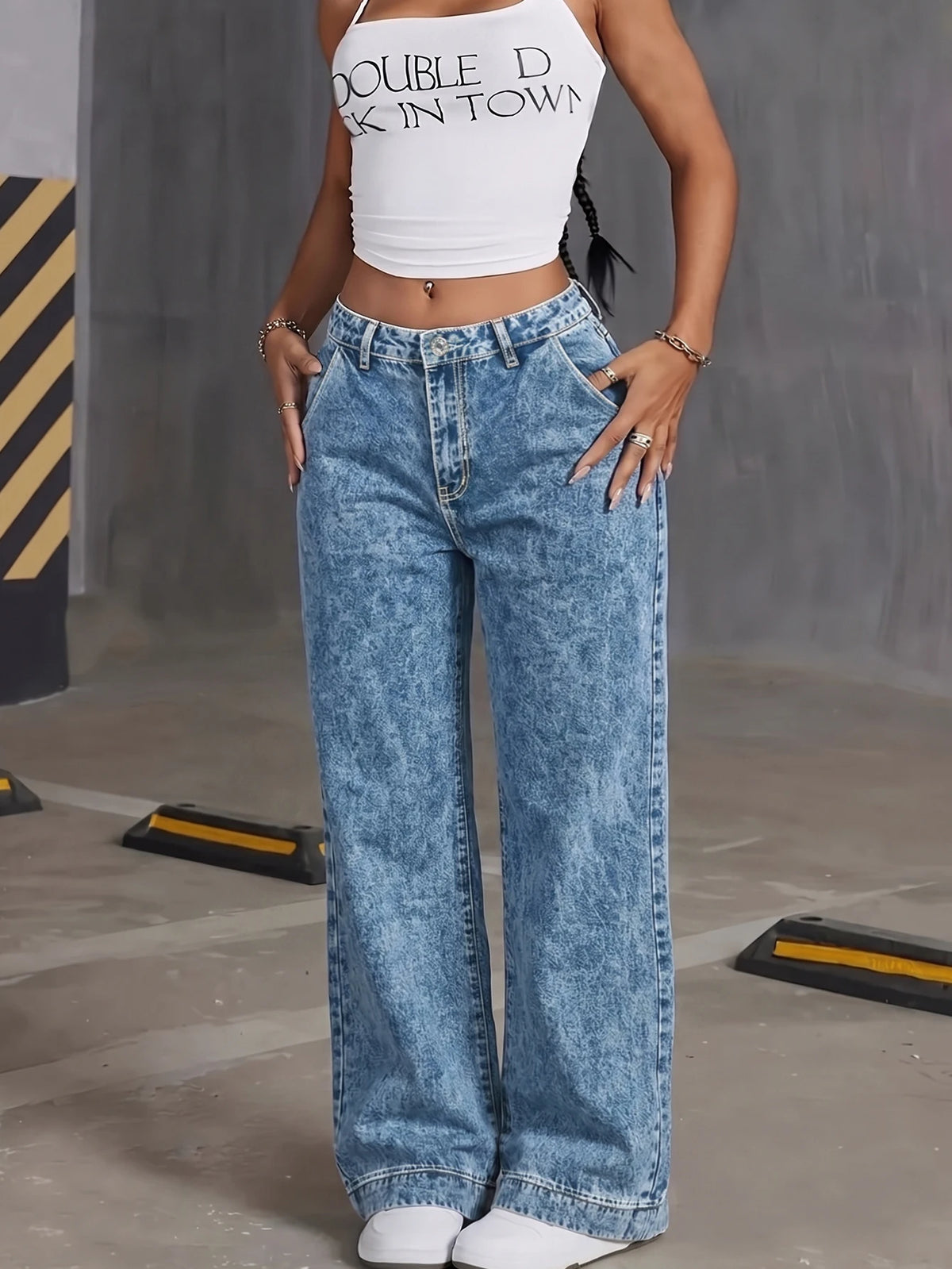 Jean Wide Leg Tiro Alto Bolsillos Corazón Vintage