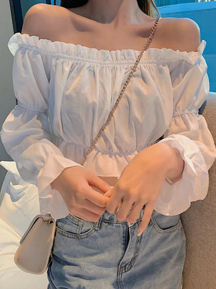 Blusa Hombros Descubiertos Manga Larga con Volados