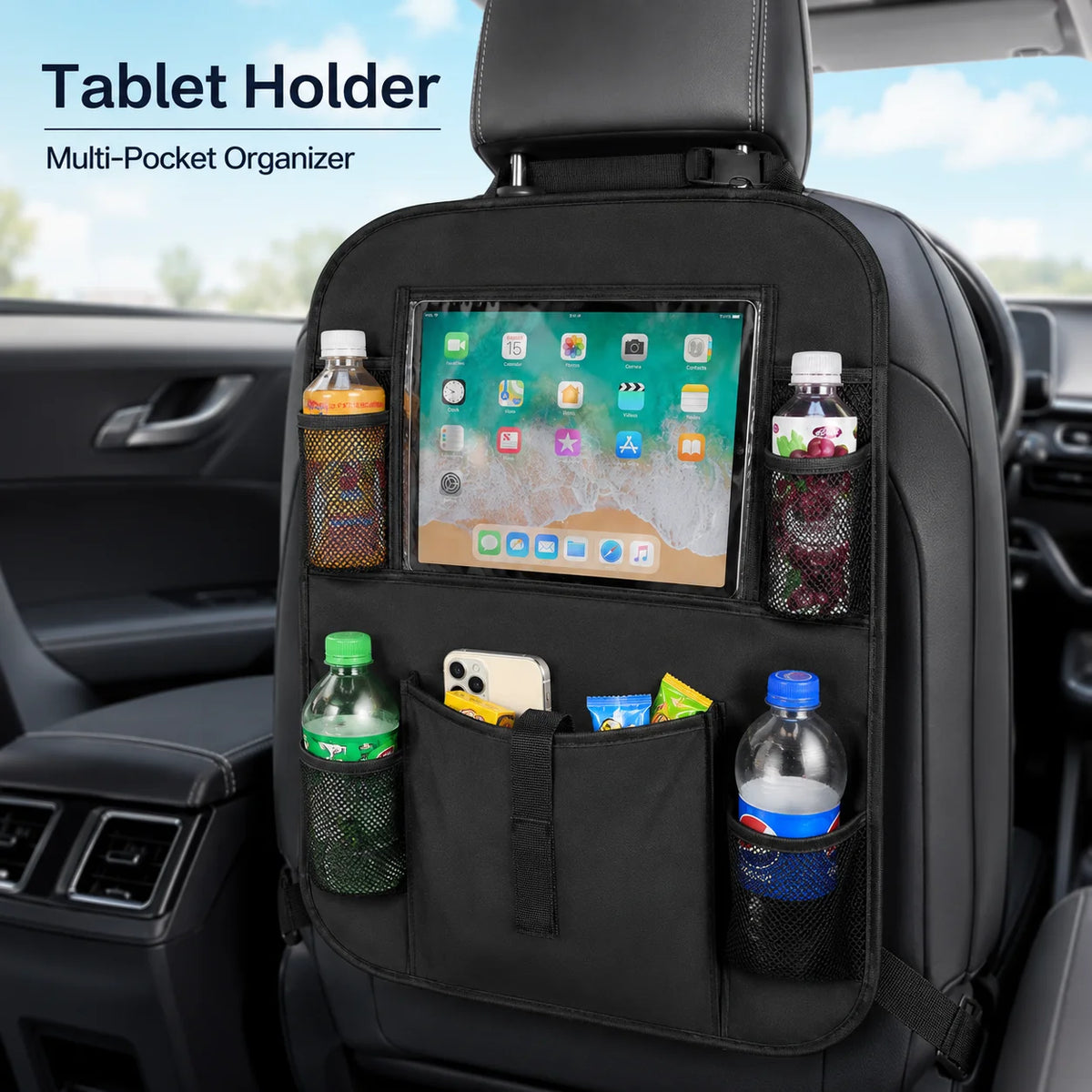 Organizador de respaldo para auto con porta tablet