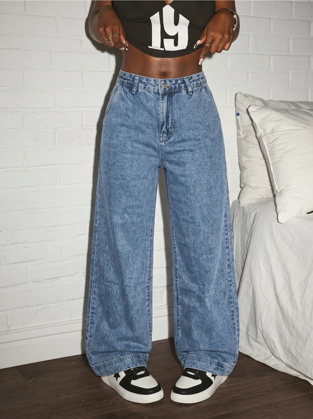 Jean Wide Leg Tiro Alto Bolsillos Corazón Vintage