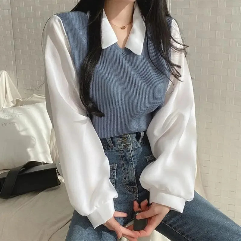 Blusa Coreana Cuello Polo Efecto Two-Piece