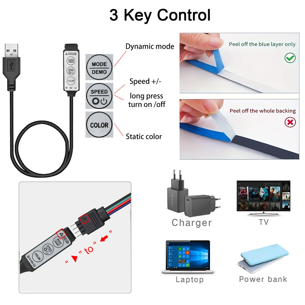 Tira LED RGB para TV con control de 3 teclas