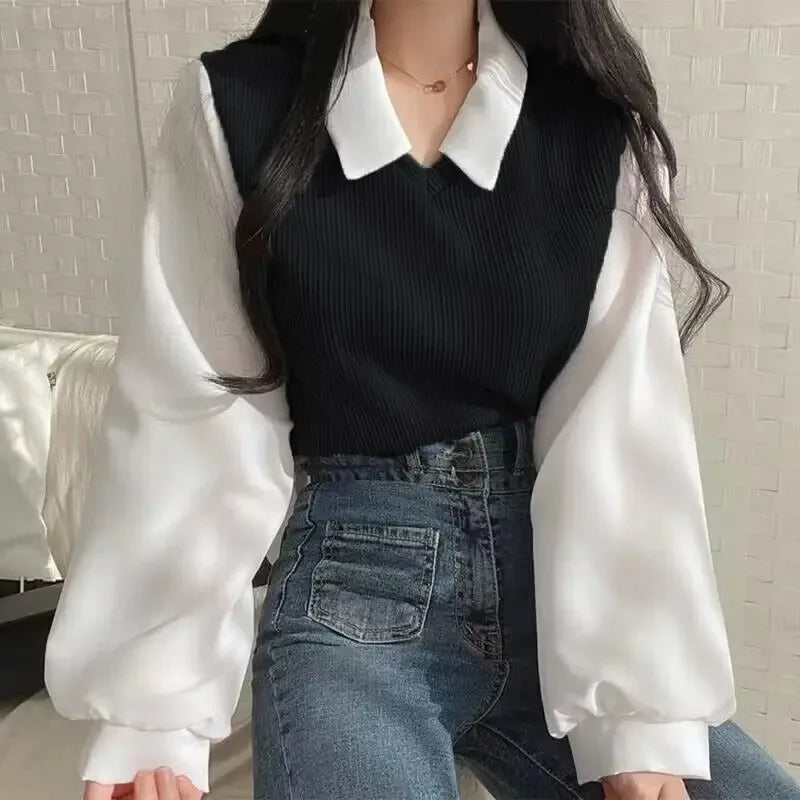 Blusa Coreana Cuello Polo Efecto Two-Piece