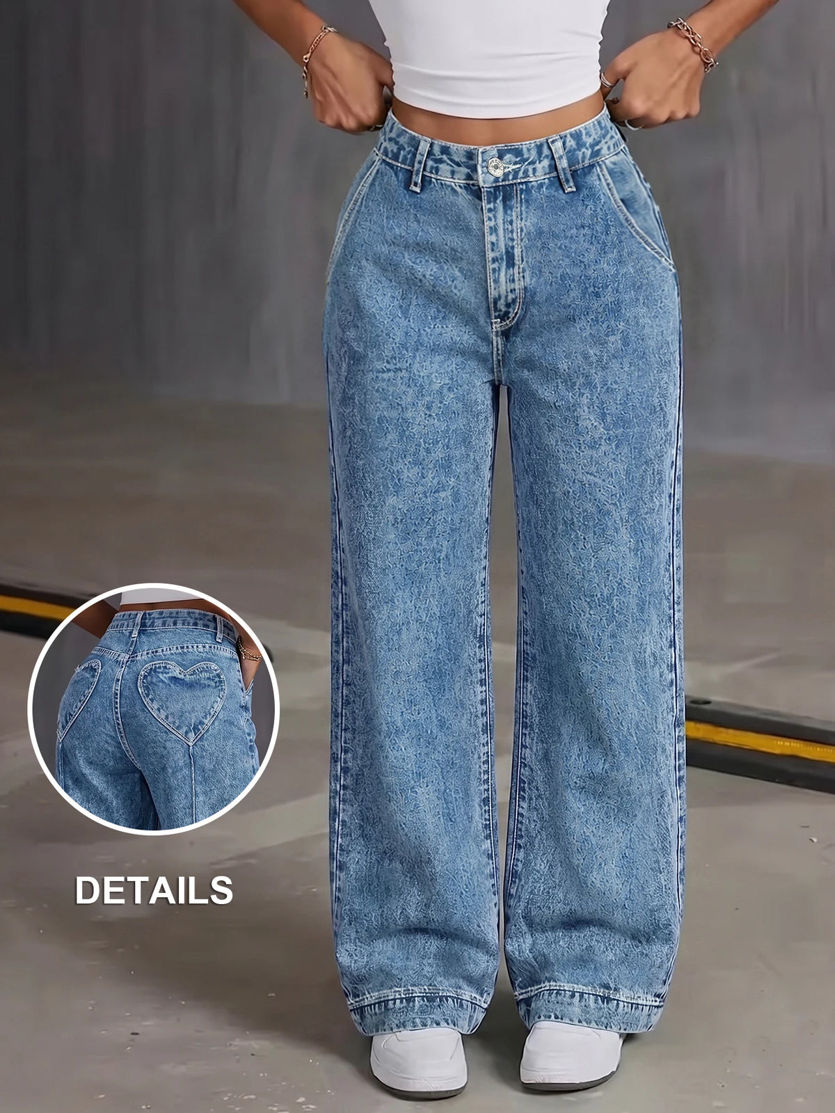 Jean Wide Leg Tiro Alto Bolsillos Corazón Vintage