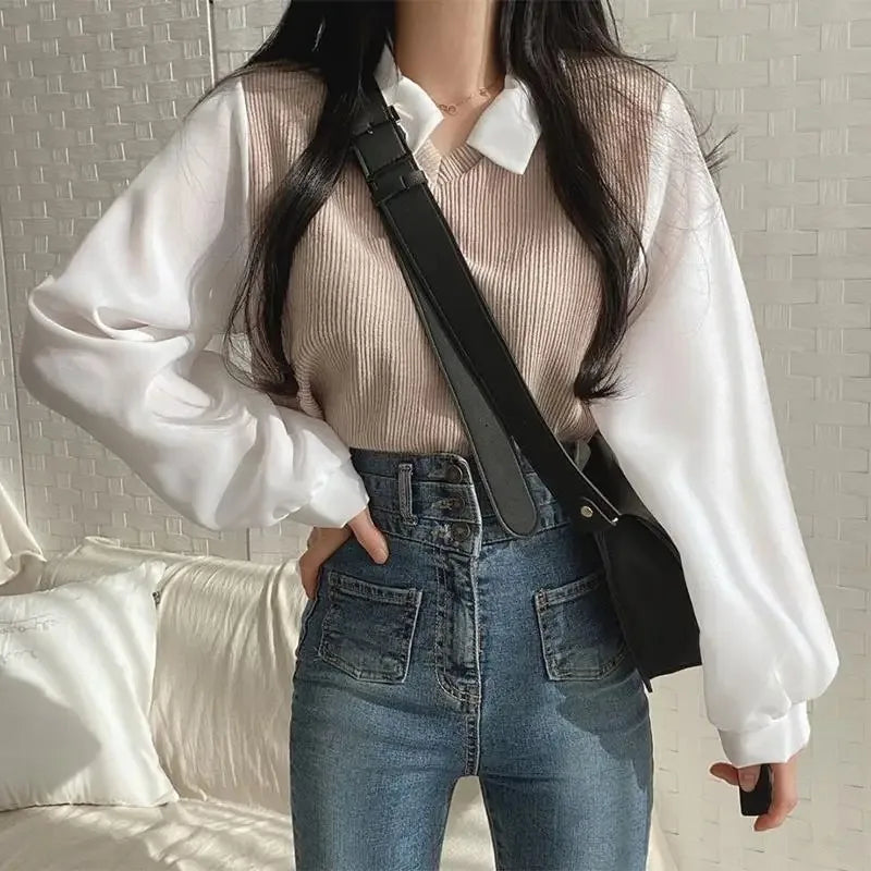 Blusa Coreana Cuello Polo Efecto Two-Piece
