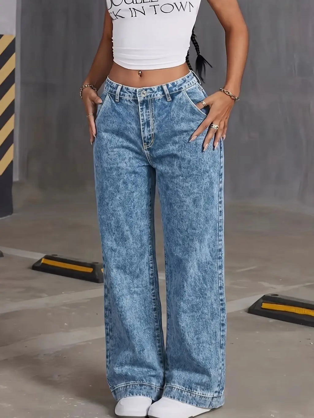 Jean Wide Leg Tiro Alto Bolsillos Corazón Vintage