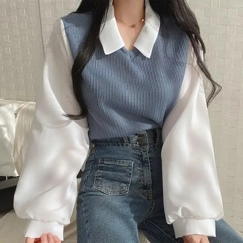 Blusa Coreana Cuello Polo Efecto Two-Piece