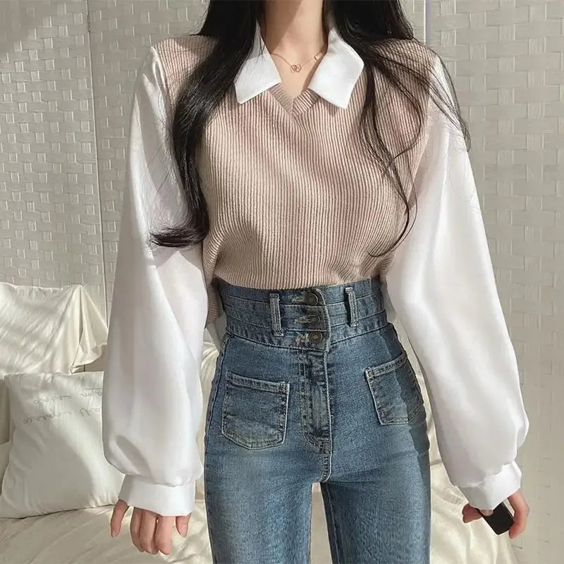 Blusa Coreana Cuello Polo Efecto Two-Piece