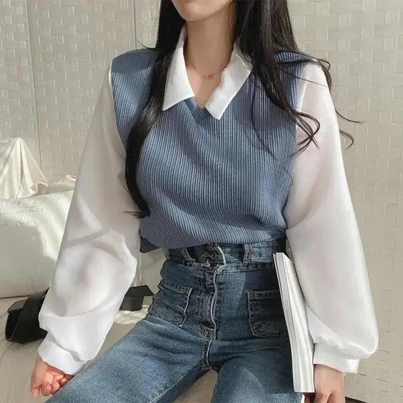 Blusa Coreana Cuello Polo Efecto Two-Piece