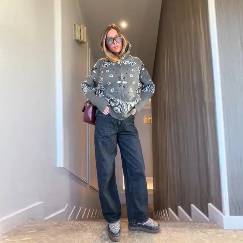 Cardigan Oversize Cuello Alto con Cierre y Bolsillos