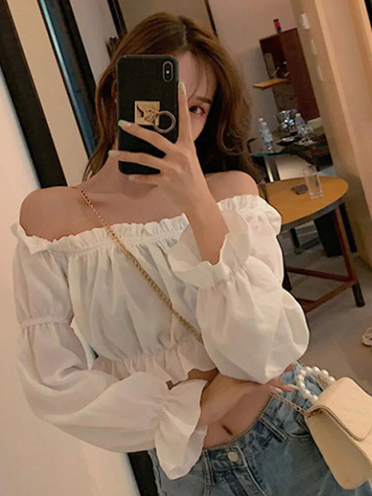 Blusa Hombros Descubiertos Manga Larga con Volados